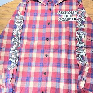 Ass Holes Live Forever Multicolor Plaid Button Up Embroidered Long Sleeve Sz L